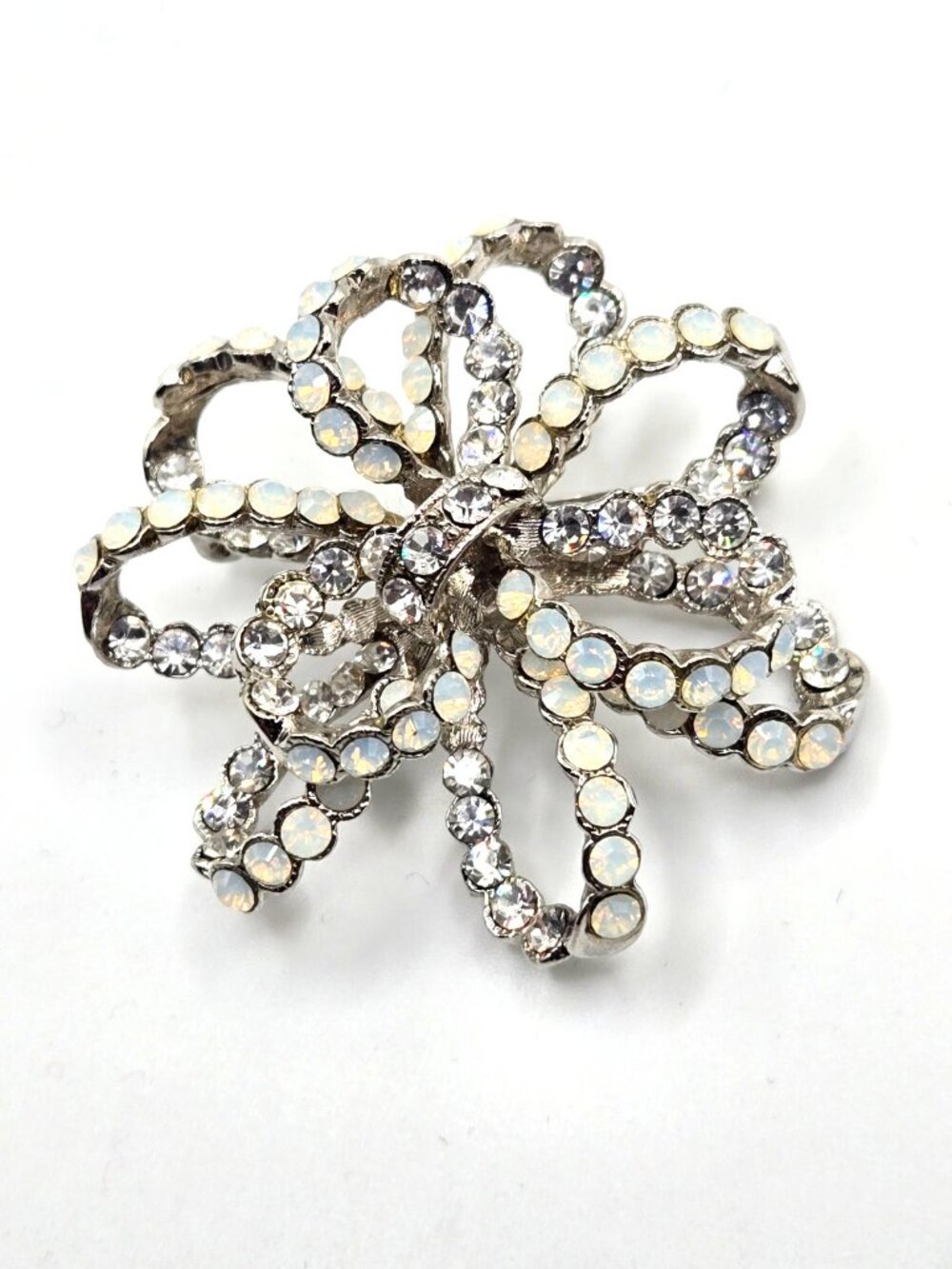 Large Opalite Rhinestone Bow Brooch Pendant Convertible Silver Tone Statement